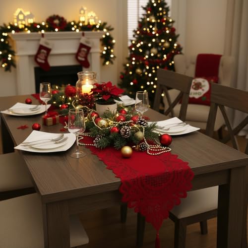 Red Lace Table Runner for Christmas Party and Holiday Decor - 13x70 Inches - Variation #1 Red