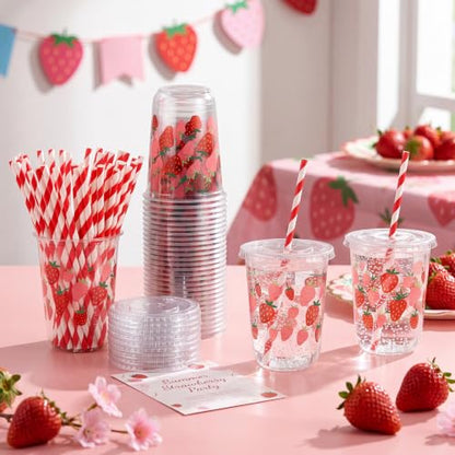 Red Strawberry Party Cups Set of 50 with Lids & Straws - 16oz Disposable Plastic