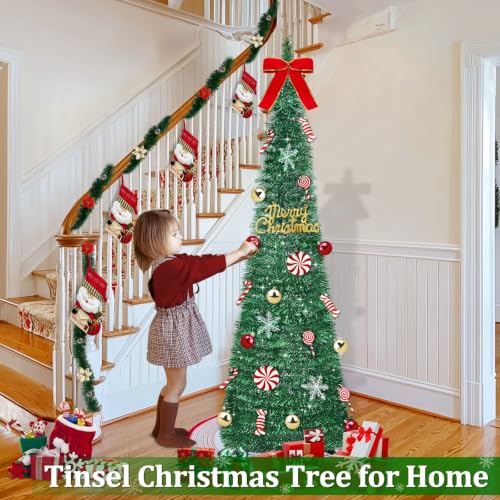 Green 6 Ft Pop Up Christmas Tinsel Tree with Lights & Ornaments - Collapsible Holiday Decor