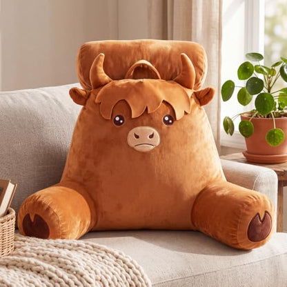 Large Highland Cow Reading Pillow with Removable Headrest & Armrests