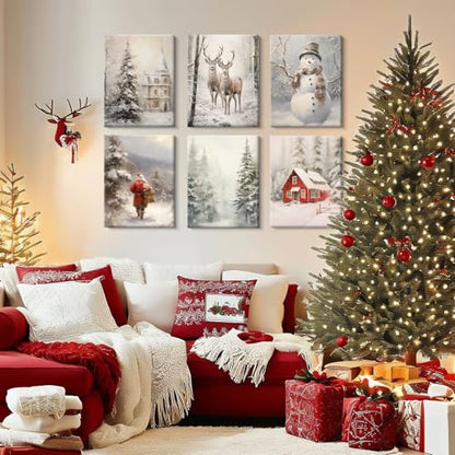 Snowman Wall Art Canvas Prints - Winter Holiday Home Decor - 8x10 Inches - Set of 6