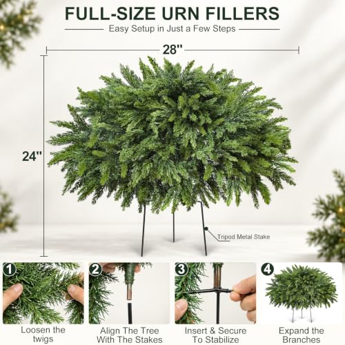 2 Pack 28-Inch Artificial Cedar Tree Urn Filler with Warm White LED Lights
