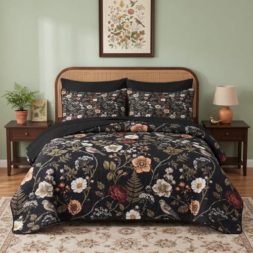 King Quilt Set with Pillowcases and Shams - Floral Bird Bedding 7 Pieces