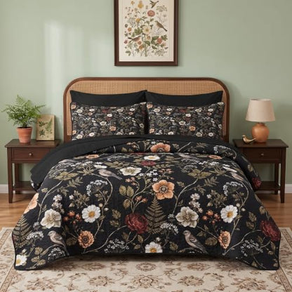 King Quilt Set with Pillowcases and Shams - Floral Bird Bedding 7 Pieces