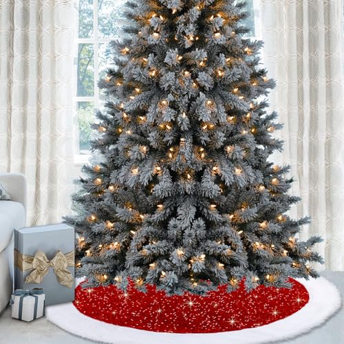 Dremisland Sequin Christmas Tree Skirt 36 Inch Red Faux Fur Border - Holiday Decor