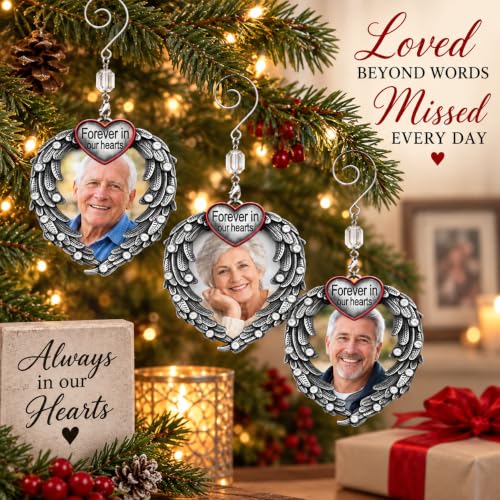 Memorial Photo Ornament Set - Silver Heart with Angel Wings, 3 Pack with Storage Bag - Personal Keepsake for Loss of Loved One