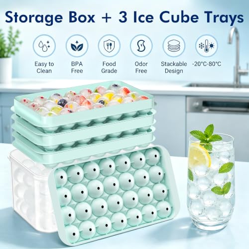 Mini Ice Cube Tray with Lid and Bin - 3 Pack Mint Green for 0.95 Inch Ice Balls