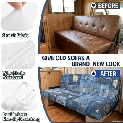 Daisy Butterfly RV Couch Cover Set for Sofa Bed - 2 Pieces, Elastic Fit