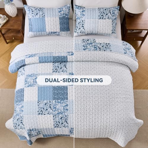 Alaskan King Quilt Set 132x120 Blue Patchwork Reversible Bedspread