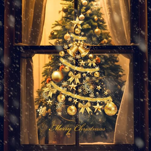 Christmas Window Clings - Golden Christmas Tree Wall Stickers, 2 Sheets, Holiday Decor