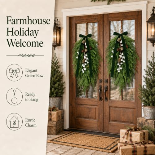 Green 2 Pack Christmas Pine Needle Berries Teardrop Door Swag Wreath Decor