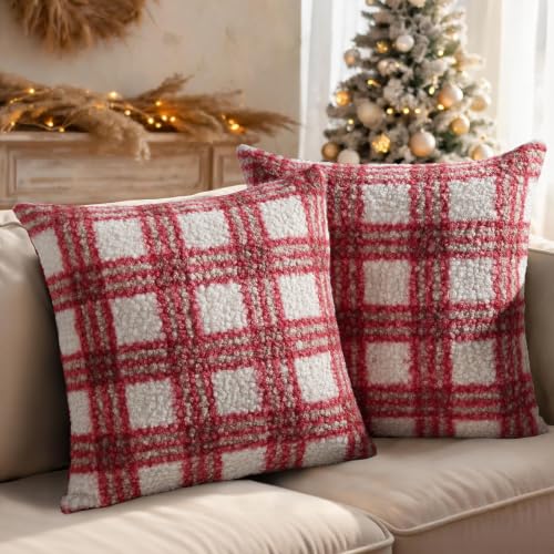 Christmas Throw Pillow Covers 24x24 Inch Set of 2 Buffalo Plaid Decorative Pillowcases - White Red, Farmhouse Rustic Holiday Decor