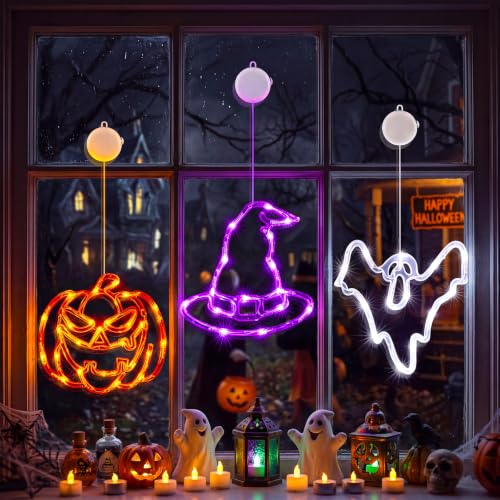 Halloween Window Lights Set - Pumpkin, Ghost & Hat with Timer & Suction