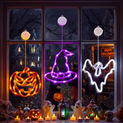 Halloween Window Lights Set - Pumpkin, Ghost & Hat with Timer & Suction