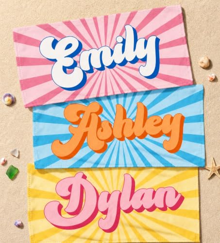 Personalized Beach Towel with Name - Retro Summer Vacation Style 02 - Microfiber, Quick Dry & Sand-Free - Custom Kids & Adults Beach Gift