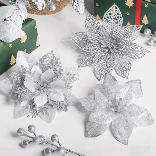 Artificial Christmas Poinsettia Flowers with Glitter - Silver, 30 pcs