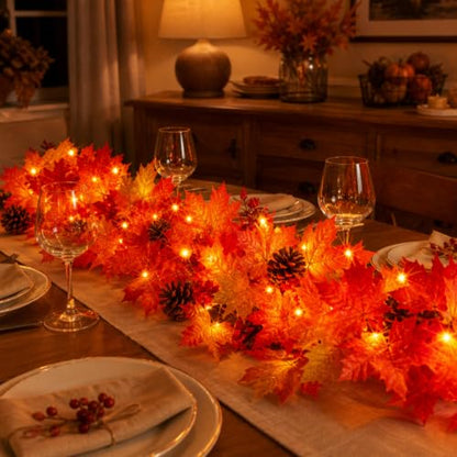 Lush Fall Garland with Lights, Pinecones & Berries - 108 Inches, Connectable, UL Certified