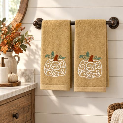 Fall Hand Towels with Scroll Pumpkin Embroidery - Cream, Rust & Green Leaves - 16x25 Inch