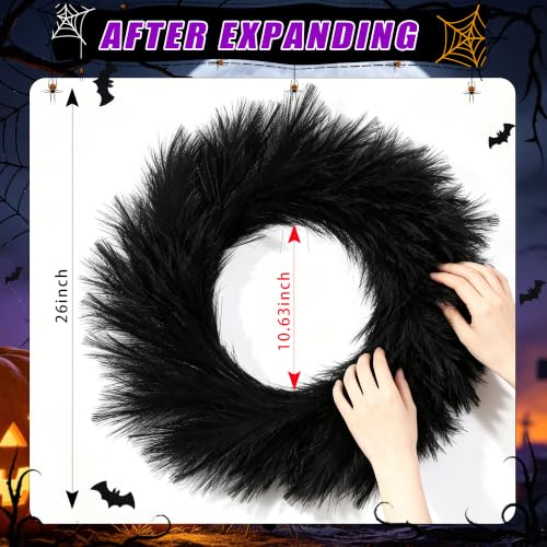 26-Inch Halloween Wreath with Lights, Black Pampas Decor, Boho Front Door Decoration