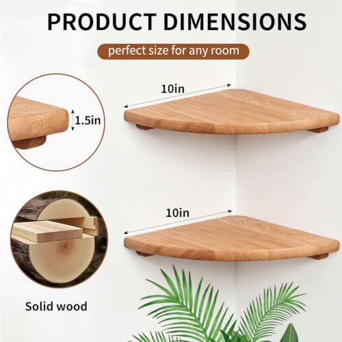 Natural Wood Corner Floating Shelves Set of 2, 10 Inch Wall Storage