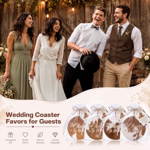 Natural Leather Cowhide Coasters Wedding Favors Set with Organza Bags & Thank You Cards