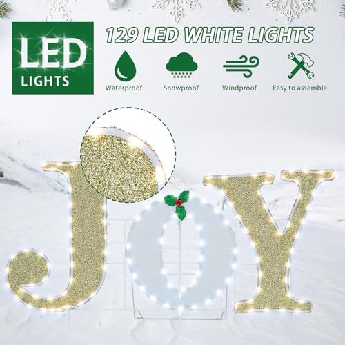 Lighted Christmas Joy Sign Decoration 3.8FT x 2FT Gold & White with Holly - LED Holiday Indoor Outdoor Decor