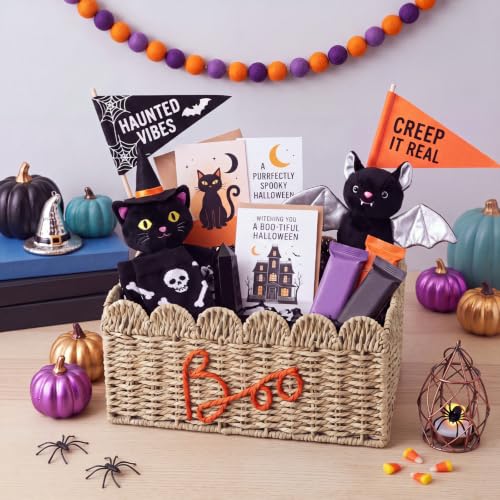 Halloween Boo Gift Basket with Handle - Spooky Wicker Decor, 14 Inch