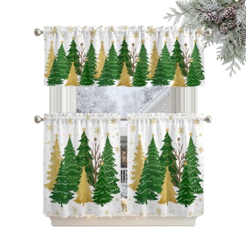 Christmas Tree Kitchen Curtains Valance and Tier Set - Green White Snowflakes, Stars, Gold Tree & Variation of THIS Listing
