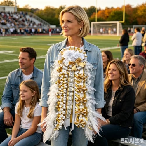 Large White Gold Homecoming Mum with Feathers & Satin Ribbon - Variation: White Gold Hoco