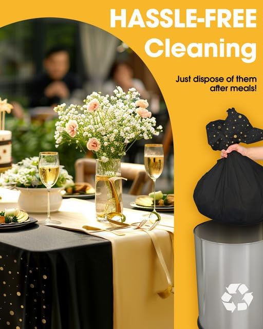 Niuara Table Cloth Set - Black and Gold Disposable Rectangle Table Cover & Runner | 3+3 Pack for Events