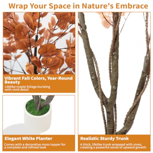 Artificial Fall Eucalyptus Tree 5FT - Indoor Outdoor Faux Tree with Natural Trunk - Fall Eucalyptus Variation