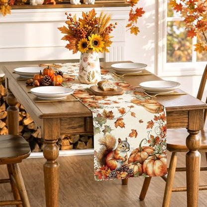 Fall Pumpkin Squirrel Table Runner - Autumn Thanksgiving Kitchen Decor 13x72 Inch - Squirrel Variation