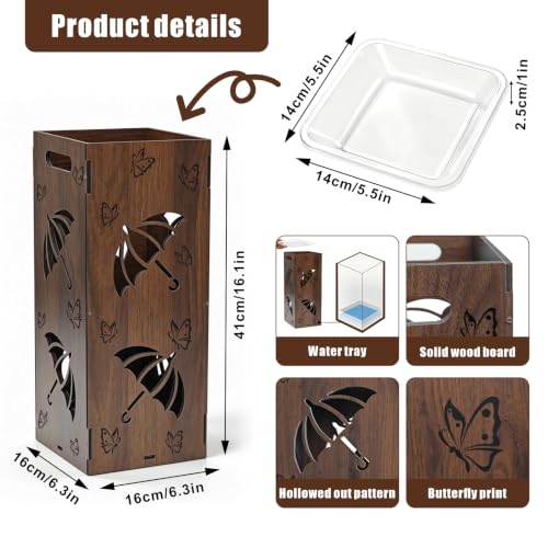 Vintage Wooden Umbrella Stand for Entryway with Butterfly Pattern - Freestanding Holder