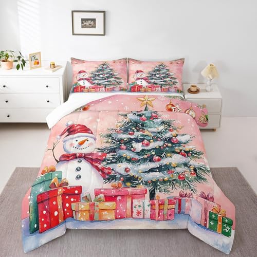 King Size Christmas Tree Comforter Set with Snowman & Santa Design - Pink Green White