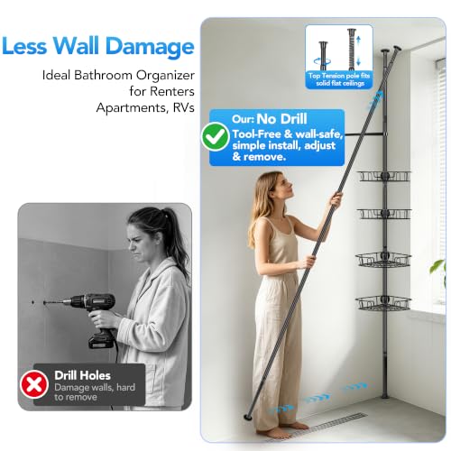 Corner Shower Caddy Tension Pole 4-Tier Bathroom Organizer, Rust-Resistant