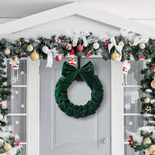 Christmas Velvet Wreath for Front Door 14-Inch Green with Bow Holiday Decor