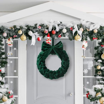 Christmas Velvet Wreath for Front Door 14-Inch Green with Bow Holiday Decor