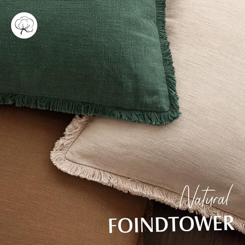 Foindtower Set of 2 Decorative Linen Fringe Throw Pillow Covers Cozy Farmhouse Cushion Cover with Tassels Accent Pillowcase for Couch Chair Sofa Bed Living Room Home Decor,18×18 Inch,Dark Olive Green