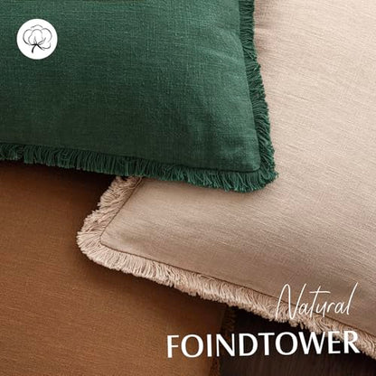 Foindtower Set of 2 Decorative Linen Fringe Throw Pillow Covers Cozy Farmhouse Cushion Cover with Tassels Accent Pillowcase for Couch Chair Sofa Bed Living Room Home Decor,18×18 Inch,Dark Olive Green