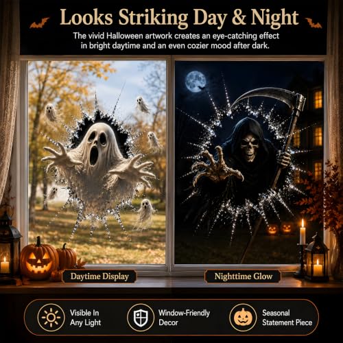 Halloween Window Decorations Cracked Glass Decals with Skull - Spooky 3D Illusion, Removable for Haunted House & Storefronts