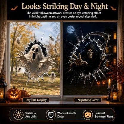 Halloween Window Decorations Cracked Glass Decals with Skull - Spooky 3D Illusion, Removable for Haunted House & Storefronts