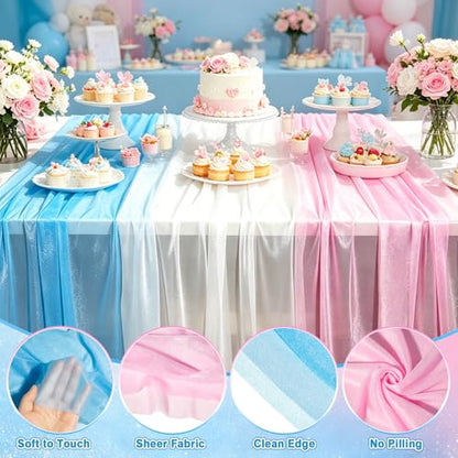 Pink and Blue Chiffon Table Runners Set of 6 10Ft for Baby Shower Wedding Party