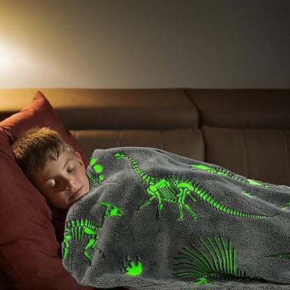 Glow in The Dark Dinosaur Blanket - Queen Size 90" x 90" Fluorescent Dinosaur