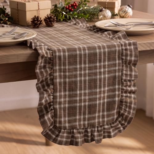 Fall Brown Gingham Table Runner Brown White Plaid Ruffle - 14x72 Inches, Cotton, Elegant Home Decor