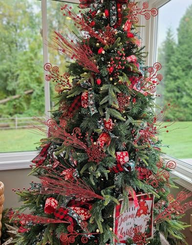 20PCS Red Glitter Artificial Curly Berry Stems Christmas Ornaments for Wreath & Tree Decor