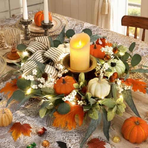 Lighted Fall Wreath with Pumpkins, Autumn Decor for Front Door 24 Inches