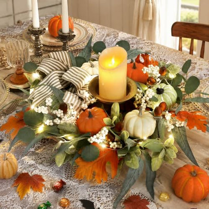 Lighted Fall Wreath with Pumpkins, Autumn Decor for Front Door 24 Inches