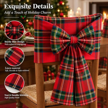 Christmas Bow Chair Back Covers - Red & Green Plaid Linen Holiday Seat Slipcovers with Adjustable Bows - Set of 4