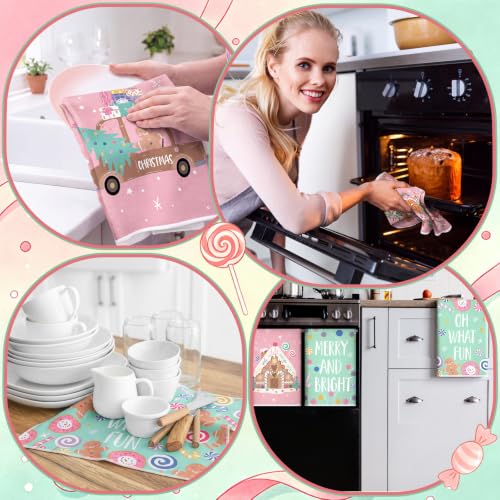Pink & Green Pastel Gingerbread Christmas Kitchen Towels Set - Candy Land Design