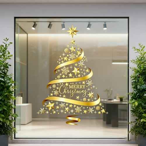 Large Golden Christmas Decorations Tree Window Clings Stickers for Home, Cafe, Mall Glass Door, DIY Static Wall Window Door Mural Showcase Decal Sticker